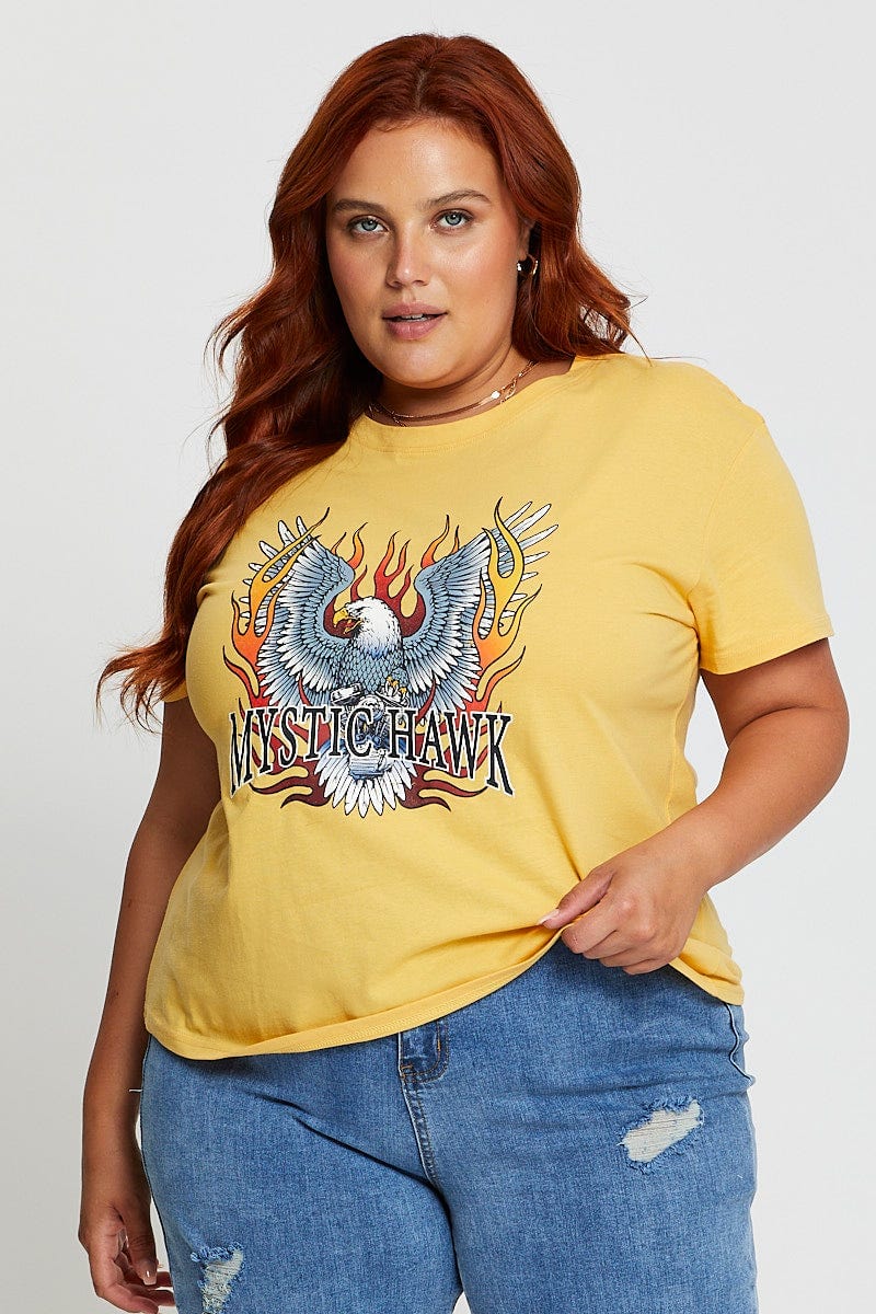 Yellow Graphic T-shirt Mystic Hawk Short Sleeve Cotton - Image 3