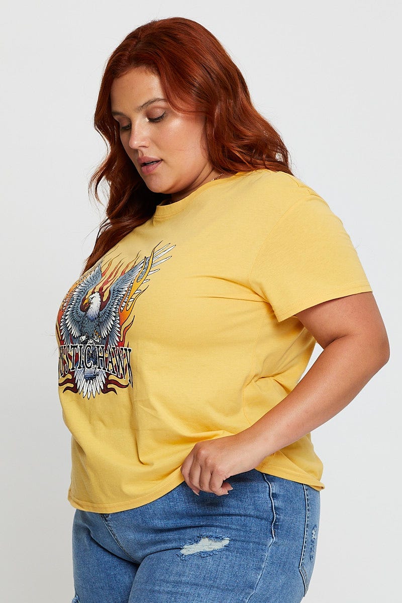 Yellow Graphic T-shirt Mystic Hawk Short Sleeve Cotton - Image 4
