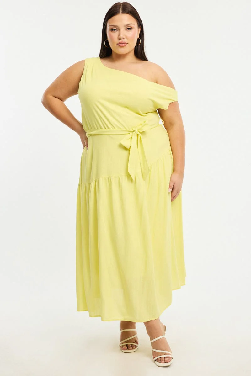 Yellow Maxi Dress Short Sleeve Asymmetrical Shoulder