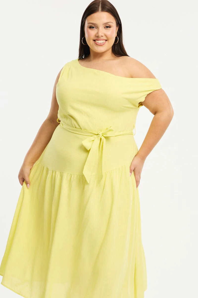 Yellow Maxi Dress Short Sleeve Asymmetrical Shoulder - Image 2