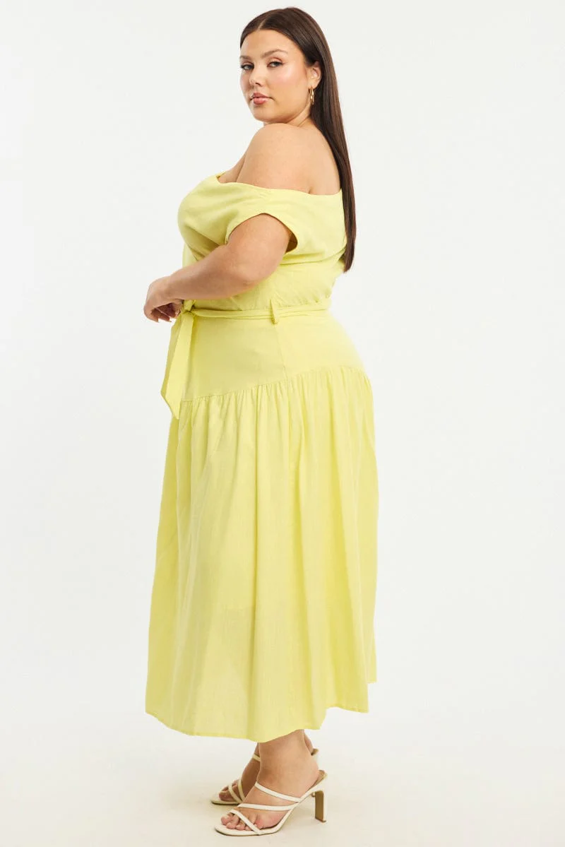 Yellow Maxi Dress Short Sleeve Asymmetrical Shoulder - Image 3