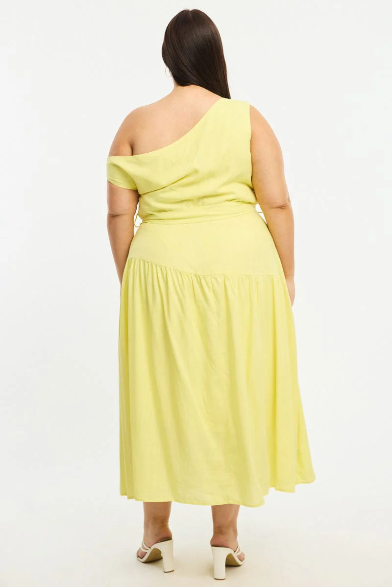 Yellow Maxi Dress Short Sleeve Asymmetrical Shoulder - Image 4