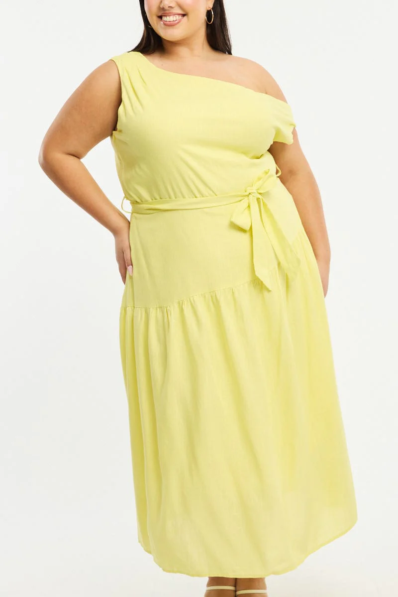 Yellow Maxi Dress Short Sleeve Asymmetrical Shoulder - Image 5