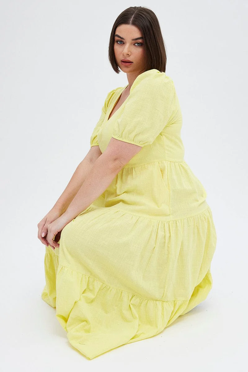 Yellow Maxi Dress Tiered Puff Sleeve V-neck - Image 2
