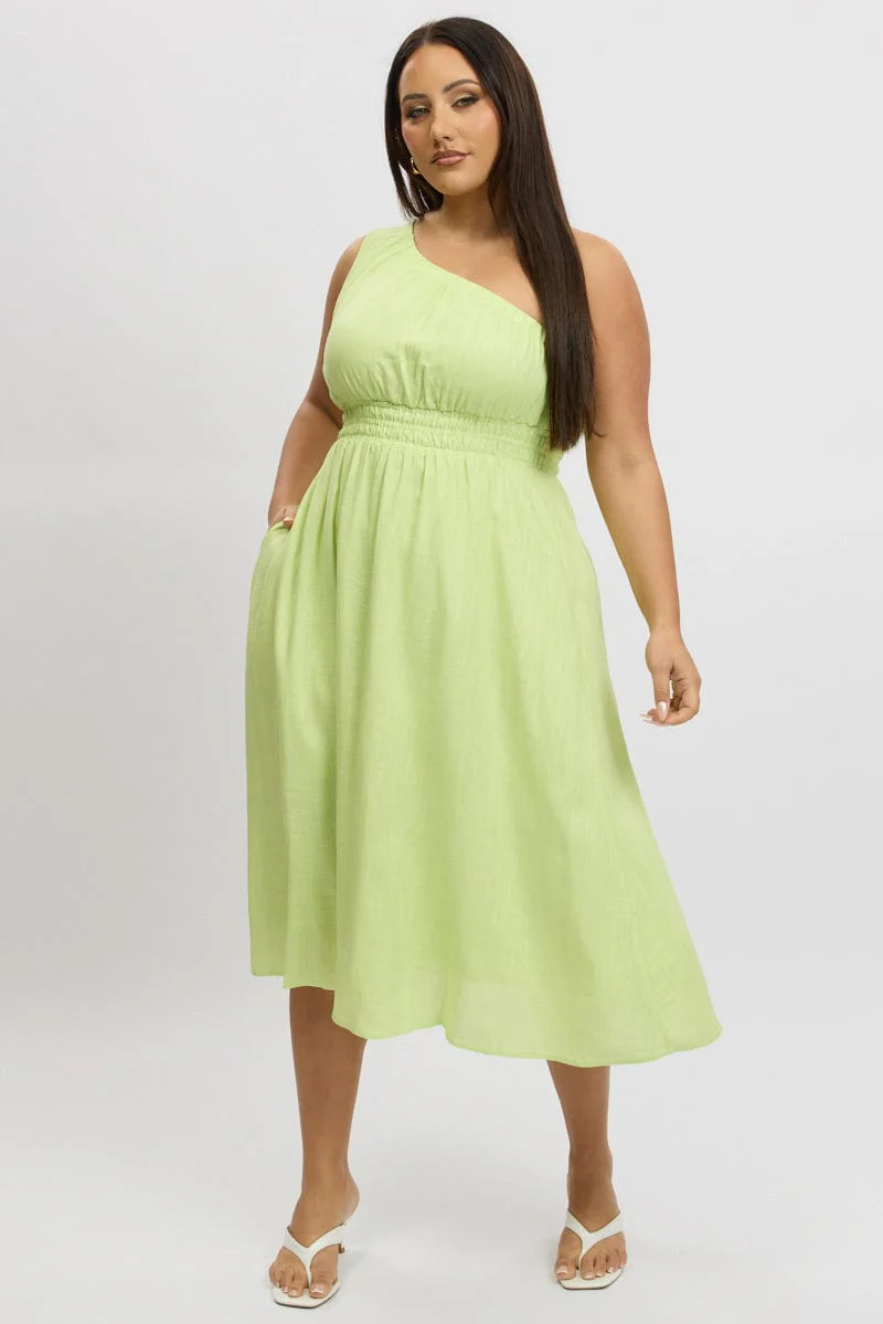 Yellow Midi Dress One Shoulder Linen Blend - Image 2