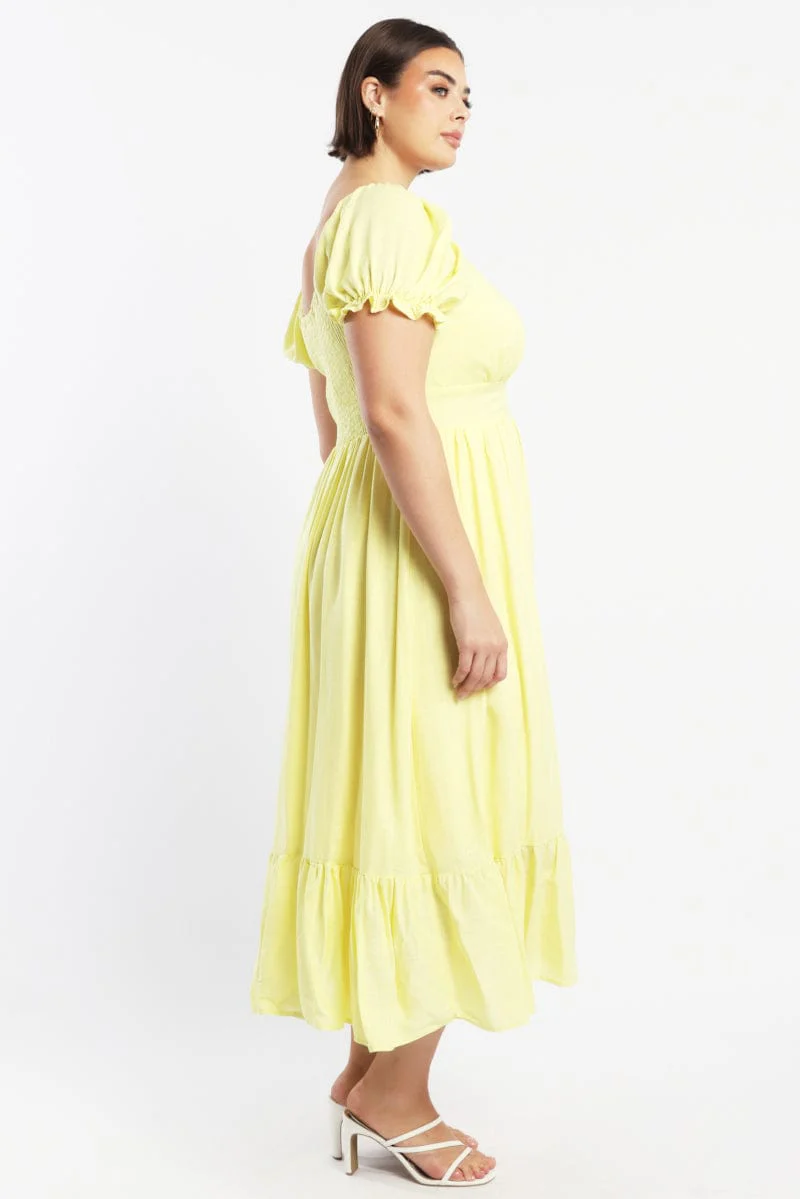 Yellow Midi Dress Short Sleeve Ruched Bust - Image 3