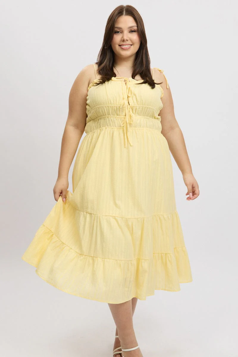 Yellow Midi Dress Sleeveless Tie Front Tiered Textured - Image 3