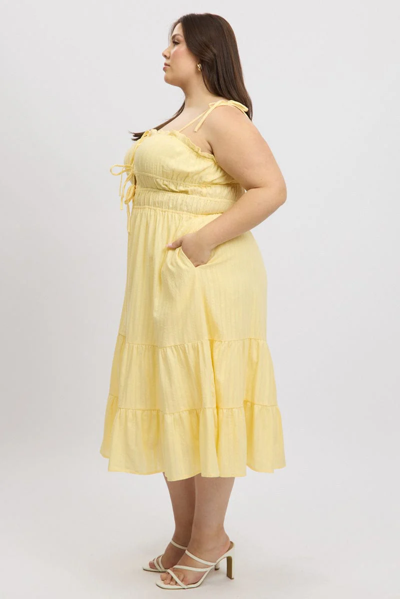 Yellow Midi Dress Sleeveless Tie Front Tiered Textured - Image 4