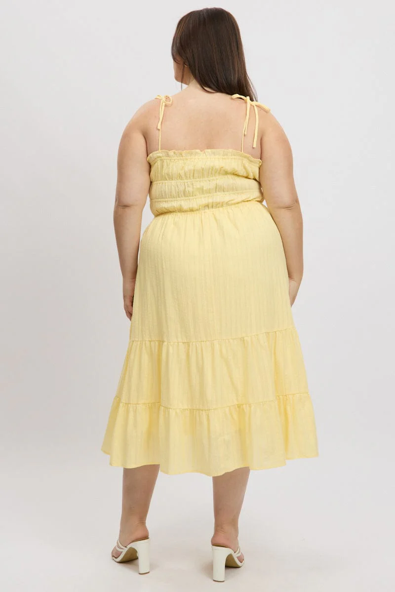 Yellow Midi Dress Sleeveless Tie Front Tiered Textured - Image 5
