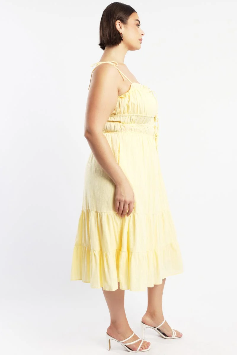 Yellow Midi Dress Sleeveless Tie Front Tiered Textured - Image 4