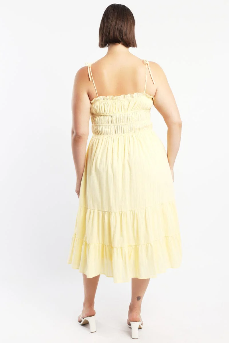 Yellow Midi Dress Sleeveless Tie Front Tiered Textured - Image 5
