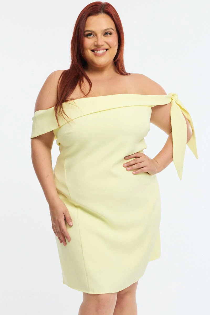 Yellow Mini Dress Off Shoulder Side Tie