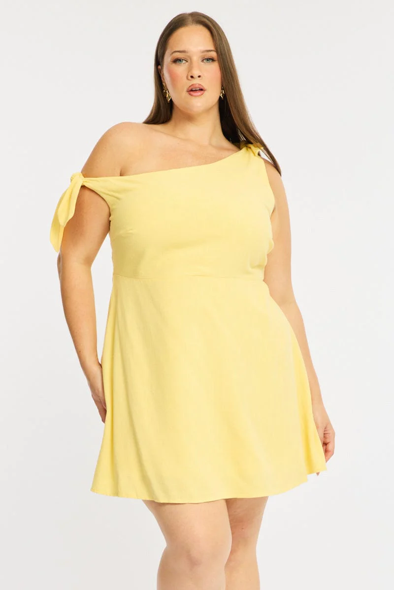 Yellow Off Shoulder Dress Linen Blend - Image 3