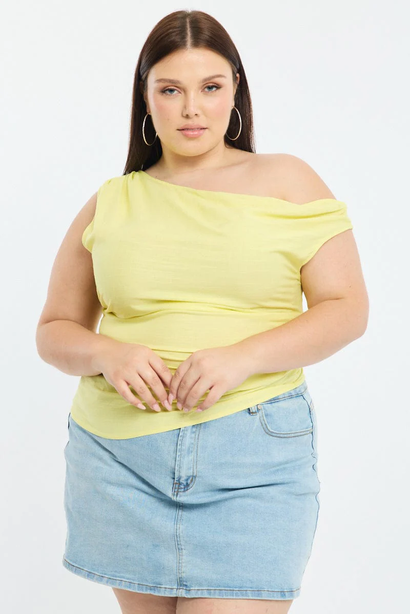 Yellow One Shoulder Gathered Top Linen Blend