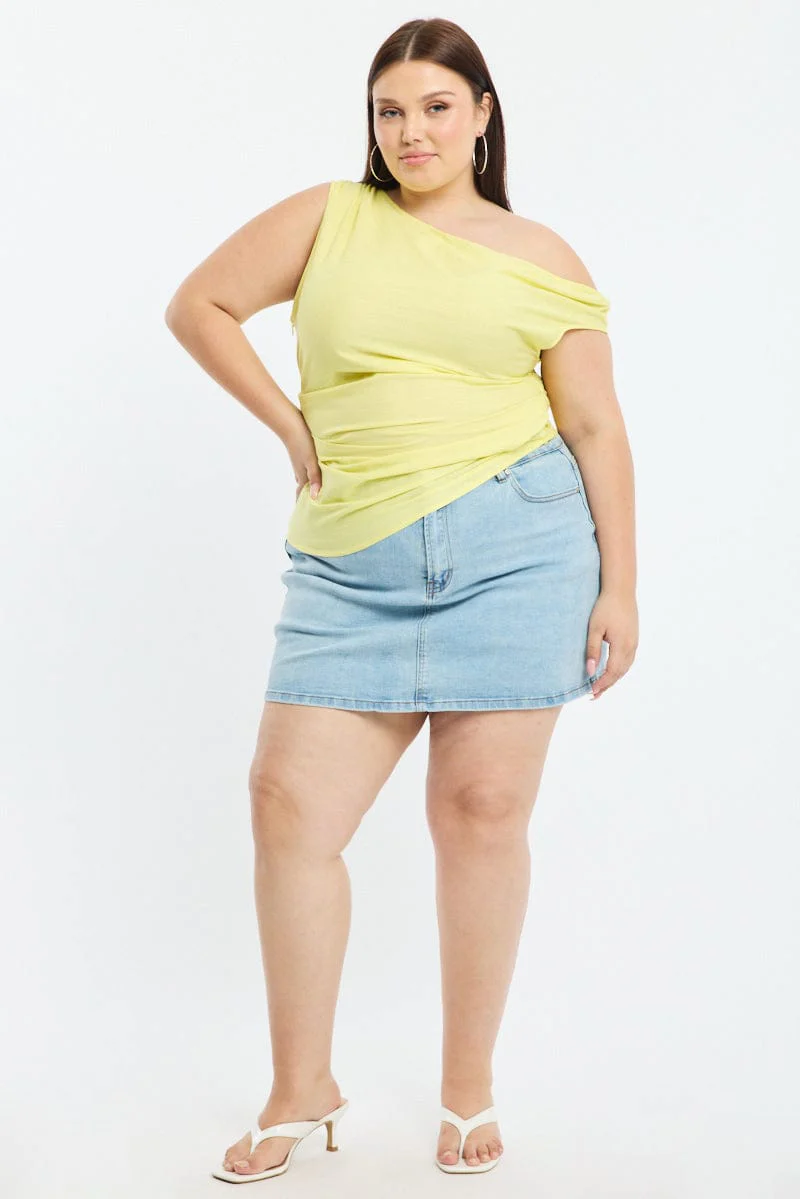 Yellow One Shoulder Gathered Top Linen Blend - Image 2