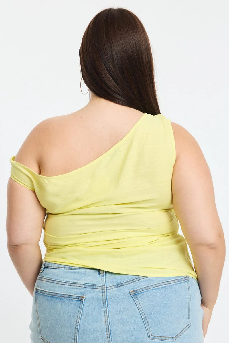 Yellow One Shoulder Gathered Top Linen Blend - Image 4