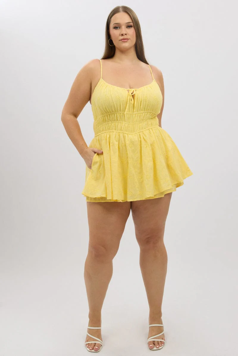 Yellow Ruched Playsuit Sleeveless Broderie - Image 3