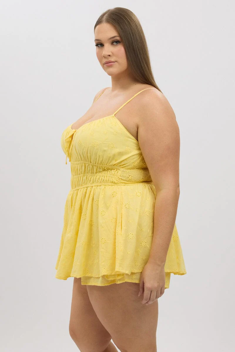 Yellow Ruched Playsuit Sleeveless Broderie - Image 4