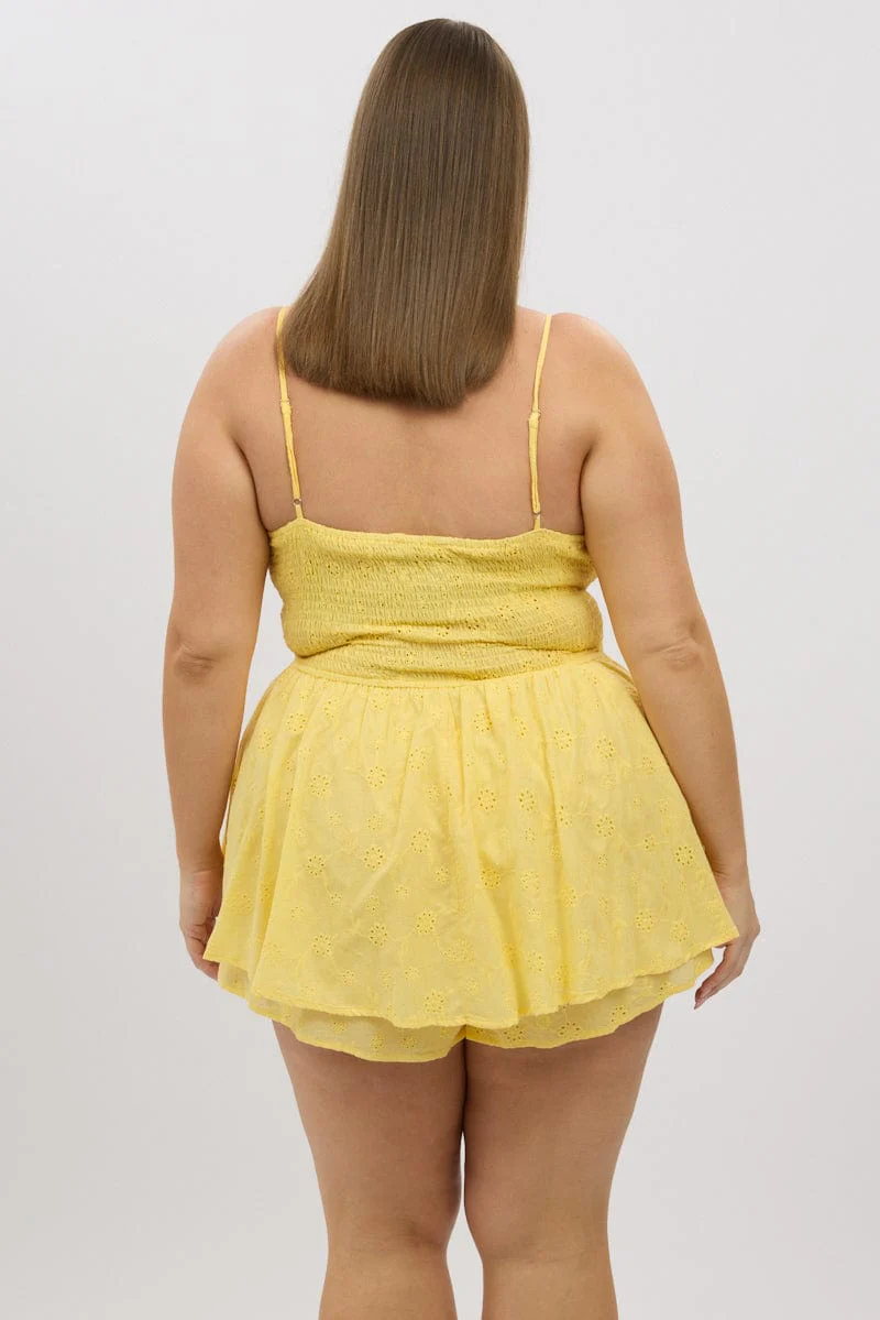 Yellow Ruched Playsuit Sleeveless Broderie - Image 5