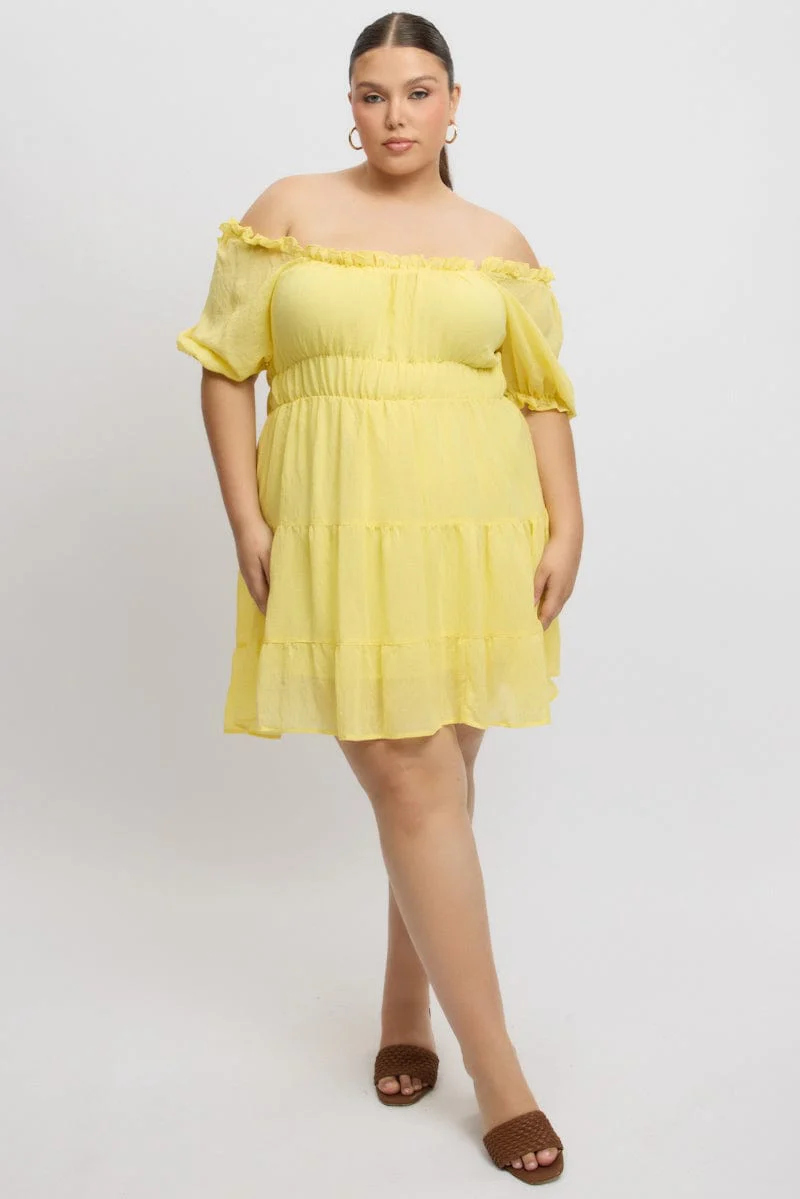 Yellow Scoop Neck Gather Waist Minidress - Image 2