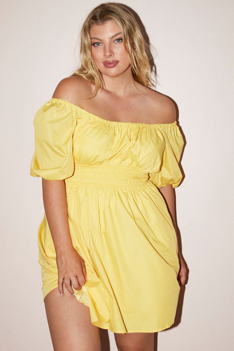 Yellow Shirred Waist Cotton Blend Pocket Minidress - Image 2