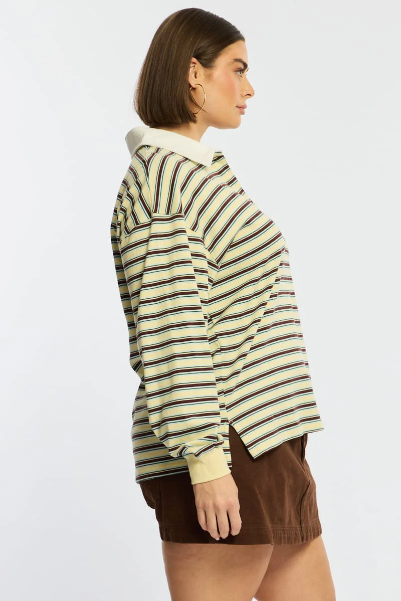 Yellow Stripe Polo Top Long Sleeve - Image 5