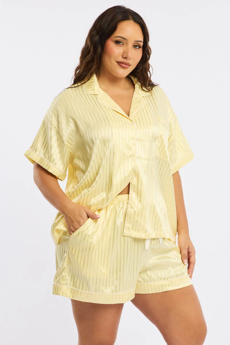 Yellow Stripe Pyjamas Set Short Sleeve Satin Jacquard - Image 3