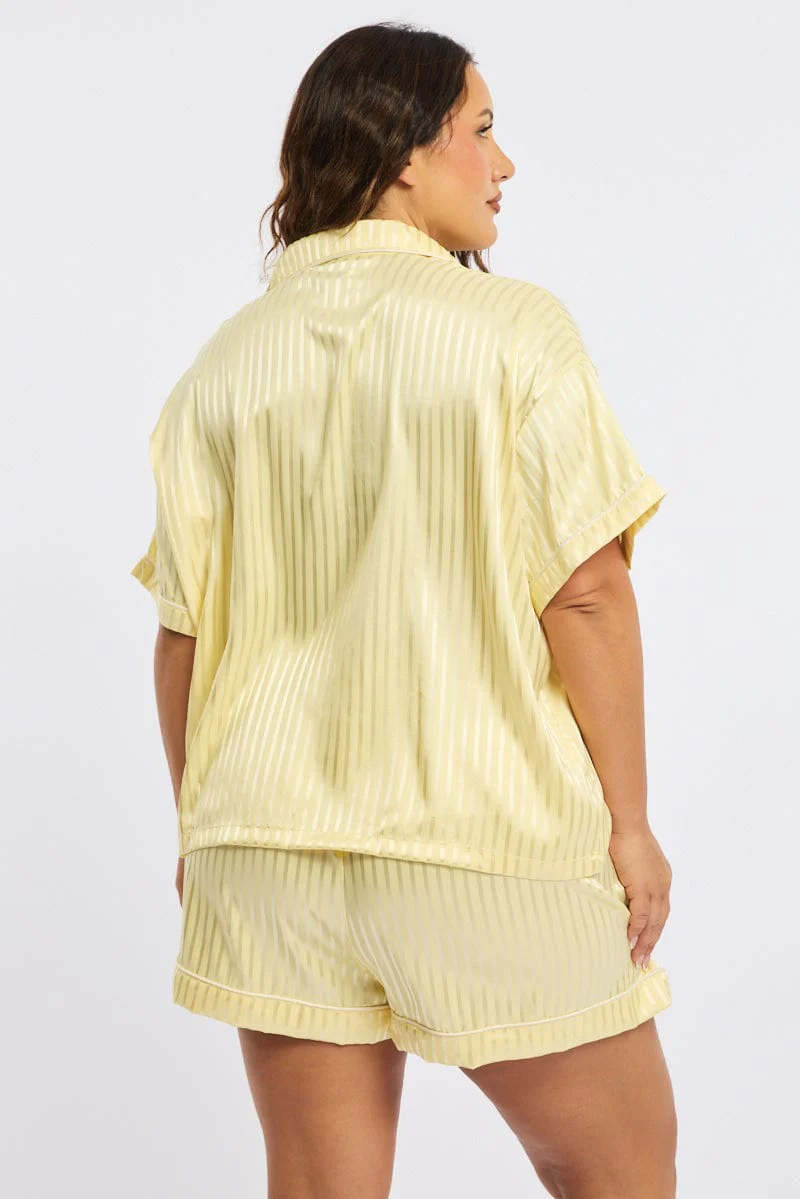 Yellow Stripe Pyjamas Set Short Sleeve Satin Jacquard - Image 4
