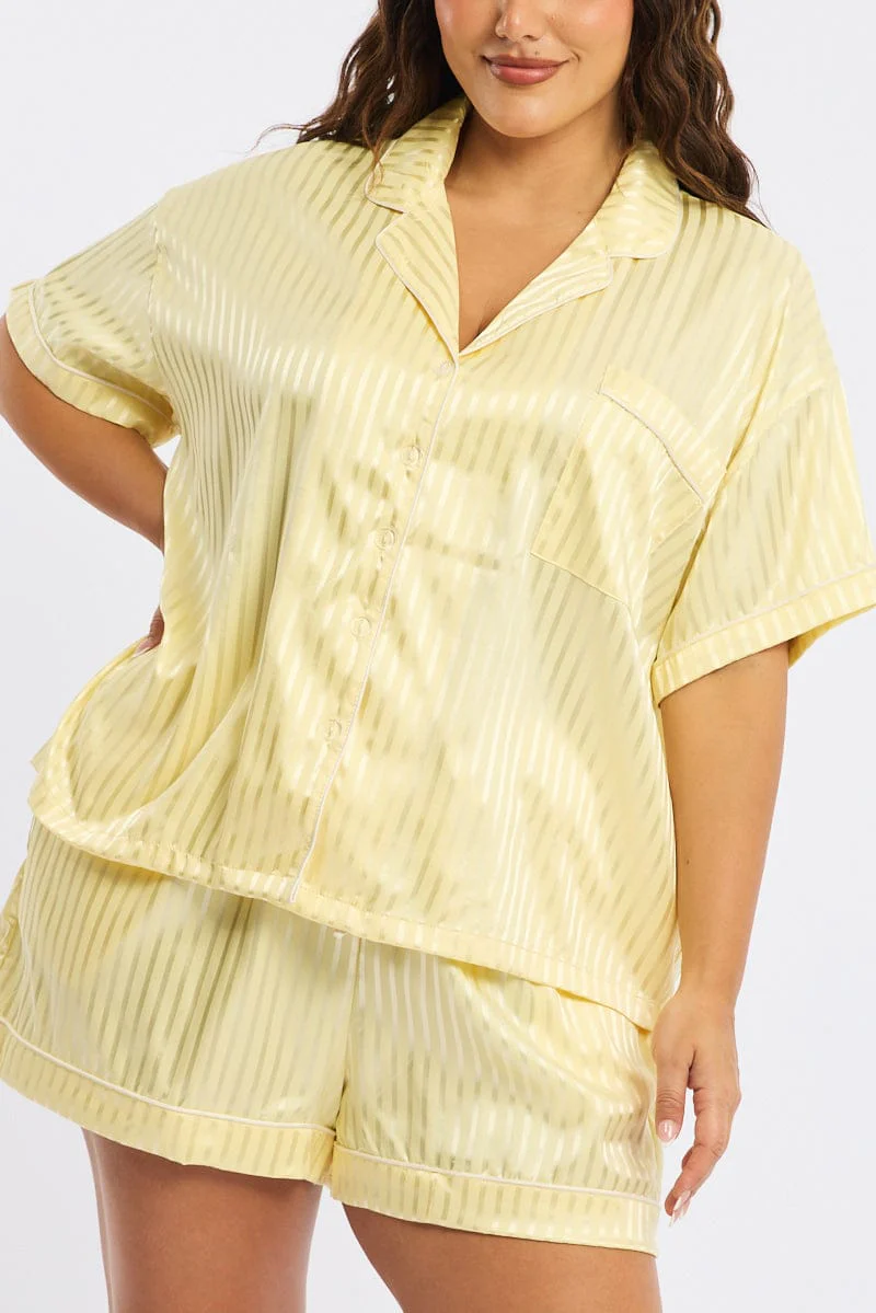 Yellow Stripe Pyjamas Set Short Sleeve Satin Jacquard - Image 5