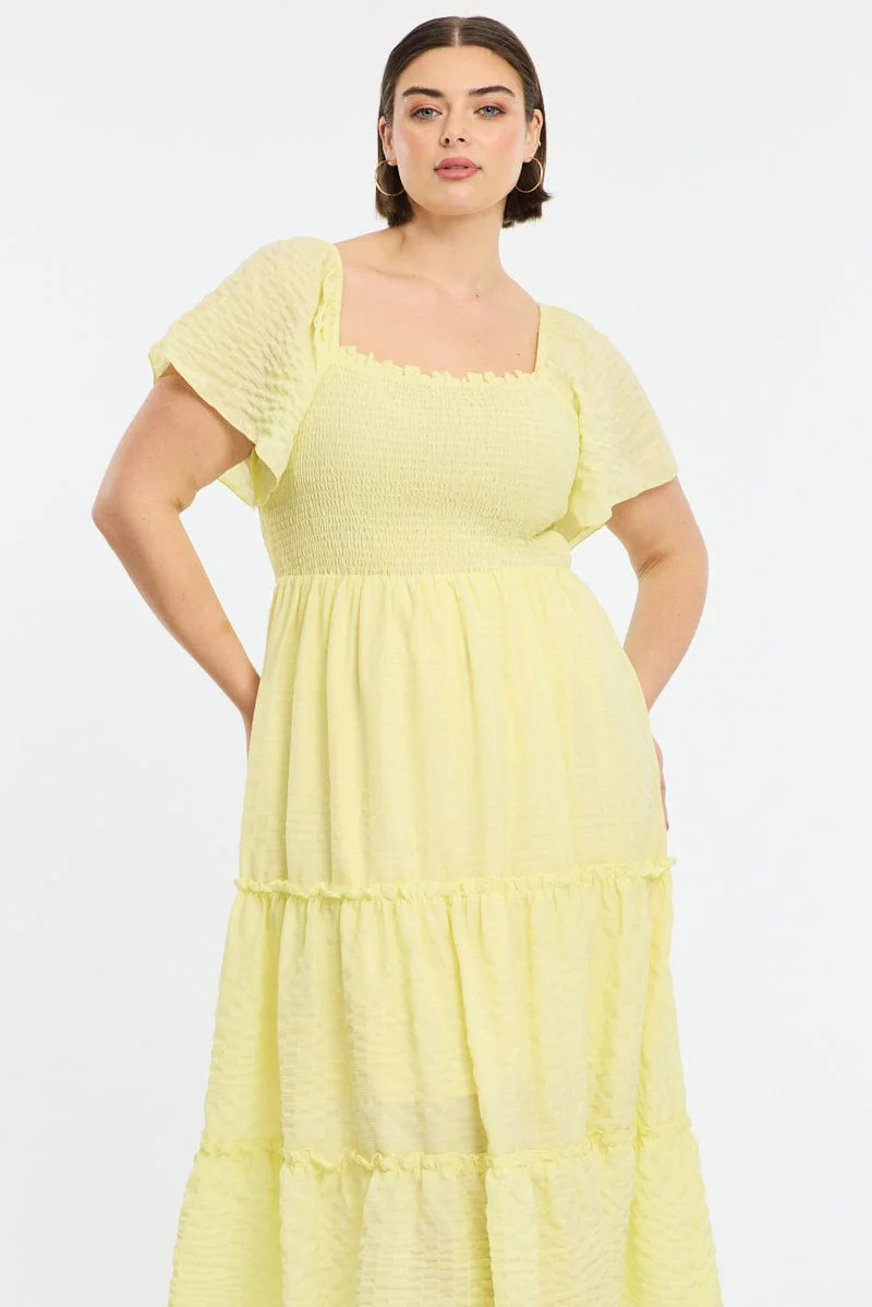 Yellow Textured Maxi Dress Short Sleeve - Image 2