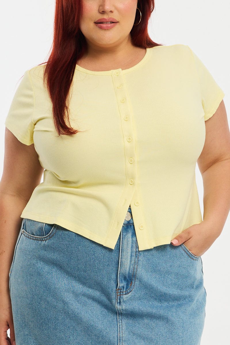 Yellow Top Short Sleeve Button Front Rib - Image 5